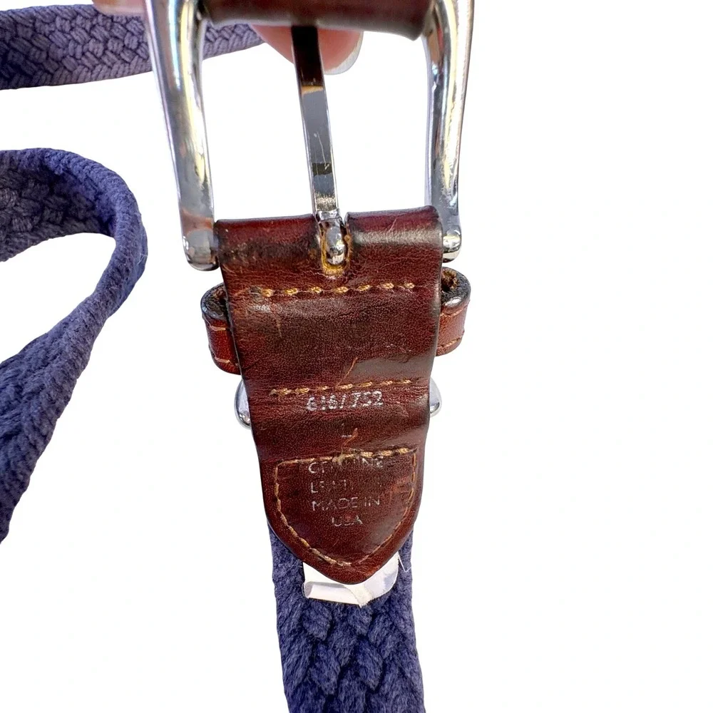 Vtg Braided Woven Belt Mens Blue Brown Leather Trim Made in USA